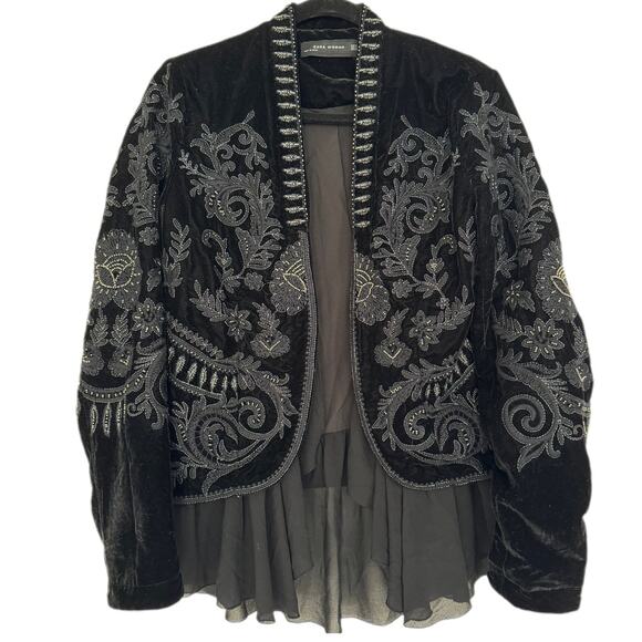 Zara Jackets & Blazers - Zara Woman Embellished Velvet Embroidered Blazer Jacket Chiffon Small Dark Fairy